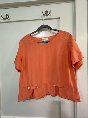 Vintage Freeport Studio Orange Silk Linen Cropped Short Sleeve Top Size 14